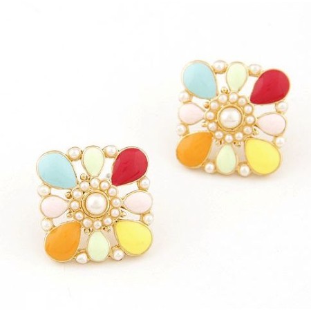 Multicolor Pearl and Enamel Stud Earrings